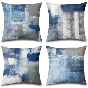 Set of 4 Blue and Grey Abstract Art Artwork Pillow Cover 18 x 18 Inch, Gallery Modern Decorative Throw Pillows Cushion Cover for Bedroom Sofa Living Room | Double-sided vibrant artwork accent cushion covers. Perfect decorative pillows for couch, sofa, bed, and living room.