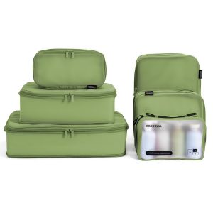 6 Set Compression Packing Cubes for 7–14 Day Travel, Forest Green | Nylon Oxford Fabric, Full Breathable Mesh, Reinforced Double-Zipper, Small to Large Size Bag, Expandable Packing System