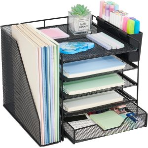 5-Tier Desk File Organizer with Drawer & Pen Holder (Black) | Desk Organizers and Accessories, Office Desk Accessories & Workspace Desktop Organizers for Classroom, Home, Office Supplies