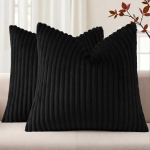 Simmore Fall Soft Black Flannel Throw Pillow Covers 20X20 Set of 2 | Decorative Plush Fluffy Modern Farmhouse Double-Sided Fluffy Striped Pillow Covers for Sofa bed Living Room Home Decor