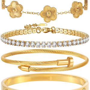 18K Gold Plated Bangle Bracelet Set for Women Stackable Lucky Floral Adjustable Tennis Bracelet Non Tarnish Gift Jewelry for Christmas Valentines Birthday Mother's Day