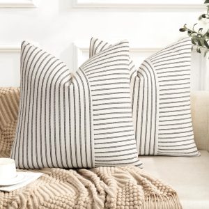 YCOLL Farmhouse Pillow Covers 18x18, Modern Accent Square Throw Pillow Covers Set of 2, Black and Beige Striped Patchwork Linen Decorative Pillows Cushion Covers for Couch Chair Bedroom Home Decor