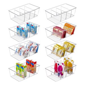Vtopmart 8 Pack Food Storage Organizer Bins, Clear Plastic, 4 Compartments | For Pantry, Kitchen, Fridge and Cabinet Organization, Organize Food Packets, Snacks, Pouches and Spice Packets