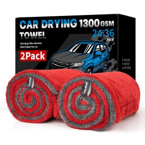2 Pack XL Car Drying Towel – 1300GSM Ultra Absorbent Microfiber, 24"x36" Large Size, Twisted Loop, Lint-Free & Streak-Free for Auto Detailing, Car, SUV, Truck(Gray-RED)