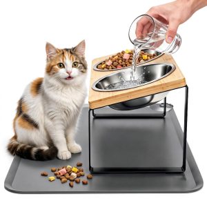 Elevated Tilted Cat Food Bowls with Mat, 304 Stainless Steel 2 Water Bowls | 15° tilted elevated cat feeder anti-vomiting, reduces whisker fatigue; 2 detachable stainless bowls fit cats & small dogs
