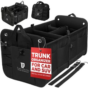 Car Trunk Organizer for SUV & Truck Cargo Storage, Large, Black | Fits Cars, SUVs & Trucks 4 Adjustable Compartments Non-Slip Base & Straps Foldable 11 Pockets Car Accessories