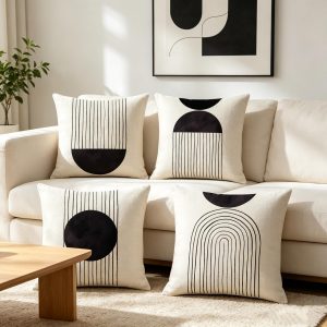 IcosaMro Black and White Boho Throw Pillow Covers 18x18 Set of 4 Beige | Mid Century Modern Decorative Throw Pillow Cover Beige Arch Sun Decor Decorative Bohemian Cotton Linen Cushion Case