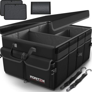 FORTEM Trunk Organizer - Foldable Car Organizer & Storage for SUVs & Trucks | Car Accessories for Men Women, Collapsible Bag, Non Slip Bottom, Straps, Soft Cover, 600D Oxford, Black, 3 Compartments, 50L