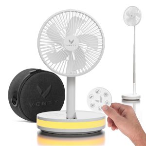 VENTY Portable Fan - Wireless Battery Operated Fan - 4 Speeds - LED Lighting - Carry Case & Remote Control - Cruise Travel - Outdoor Travel RV Power Bank With USB-C Port (White with Case)