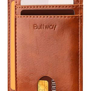 Buffway Slim Minimalist Front Pocket RFID Blocking Leather Wallets for Men and Women - Alaska Brown