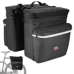 KEMIMOTO Bike Bag Panniers with Rain Cover, 34L Waterproof Rear Rack Bag | Black, 600D PVC Fabric, Easy Install, Smooth Zipper, 4 Storage Pockets, Heel-Strike Free, Ideal for Commute/Grocery/Travel