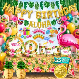 Premium Luau Birthday Party Decorations Set for 25 guests - Hawaiian Theme | 2026 Family Choice Award winner - Tropical Luau Party Supplies Set with Aloha Banner, Balloons, Flamingo, Tableware