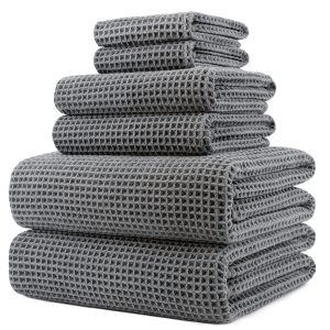 POLYTE 430 GSM Poly Blend Microfiber Quick Dry Waffle Bath Towel Set of 6 | 2-Body Towels, 2-Hand Towels, 2-Wash cloths, Oversize, Lint Free