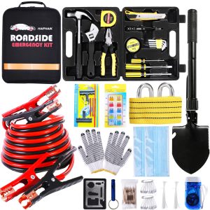 HAIPHAIK Car Emergency Kit with 11.8ft Jumper Cables, Roadside Safety Kit | Emergency Roadside Kit for Car Tow Strap, Folding Shovel, Emergency Tools Box, Breakdowns Travel for Women Men