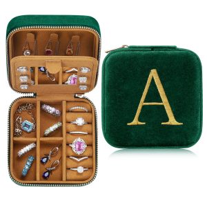 Parima Gifts for Women - Women Gifts, Plush Velvet Travel Jewelry Case, Small Jewelry Box, Birthday Gift for Womens Her, Personalized Gifts - Letter A, Green