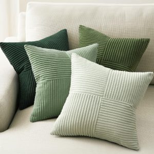 Topfinel SageGreen Throw Pillow Covers 18X18 Inch Set of 4,Boho Farmhouse Cozy Cushion Cover with Corduroy,Soft Accent Forest Green Pillow Covers for Couch,Bed,Living Room Home Decor