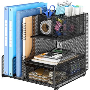 Lavatino Desk Organizer – 4-in-1 Black Mesh Office Supplies Organizer with Pen Holder, File Holder, Desktop Tray, and Drawer for Home, Office, Classroom