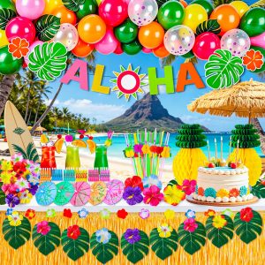 200 Pcs Aloha Luau Party Decorations Set, Hawaiian Tropical Summer Beach Party Supplies with Balloons Banner Grass Table Skirt Umbrellas Honeycomb Centerpiece Hibiscus Palm Leaves