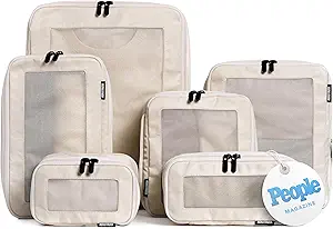 Aerotrunk Compression Packing Cubes for Travel, 6-Pack, Beige | Solves overpacking, 6-Piece set fits most suitcases, 50% Space savings, Compression luggage organizer bags