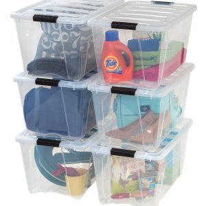 IRIS USA 6-Pack 54 Quart Storage Bins with Lids, Clear | Transparent design makes contents easy to find. Perfect for moving, blankets, clothing, and garage storage. Nestable design