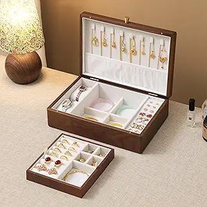 Black Walnut Wooden Jewelry Box, 2 Layer Large Necklace Organizer for Women | Natural Solid Wood Ring Earrings Watch Bracelet Storage, Handcrafted Case , Removable Tray, Velvet Lined Gifts for Mom Girls