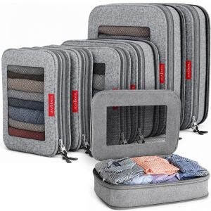 LeanTravel Premium Compression Packing Cubes for Travel - Suitcase Organizer Bags with Double Zipper & Breathable Mesh Panel - Space Saving Carry On Luggage Essentials (6-Pack, Grey)