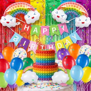 35 Pcs Rainbow Birthday Party Backdrop Decoration Kits, Reusable Rainbow Party Decorations Pack with Banner, Balloons, Fringe Curtain, Hanging Swirls for Birthday Decor Photo Backdrop